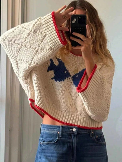 Fish Contrast Trim Round Neck Sweater