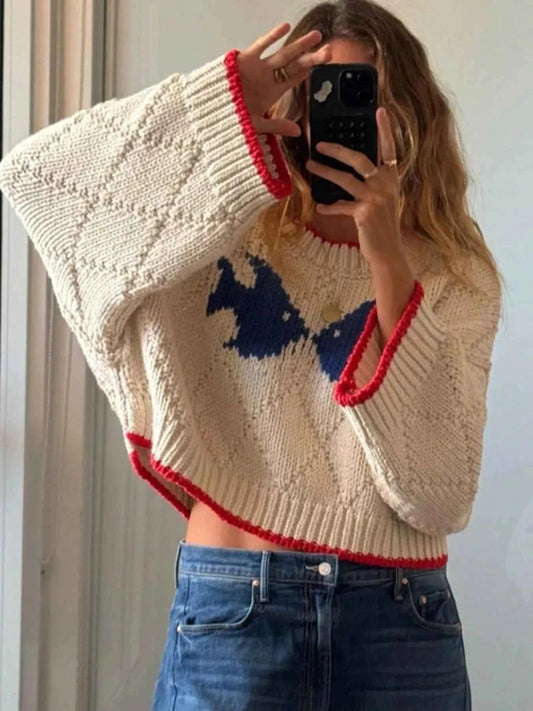 Fish Contrast Trim Round Neck Sweater
