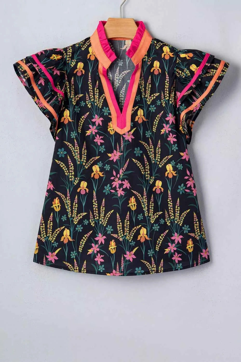 Floral Print Contrast Trim Tiered Ruffled Short Sleeve Blouse