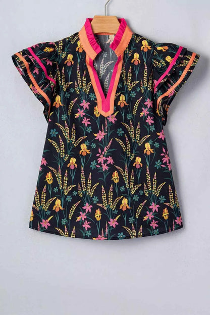 Floral Print Contrast Trim Tiered Ruffled Short Sleeve Blouse