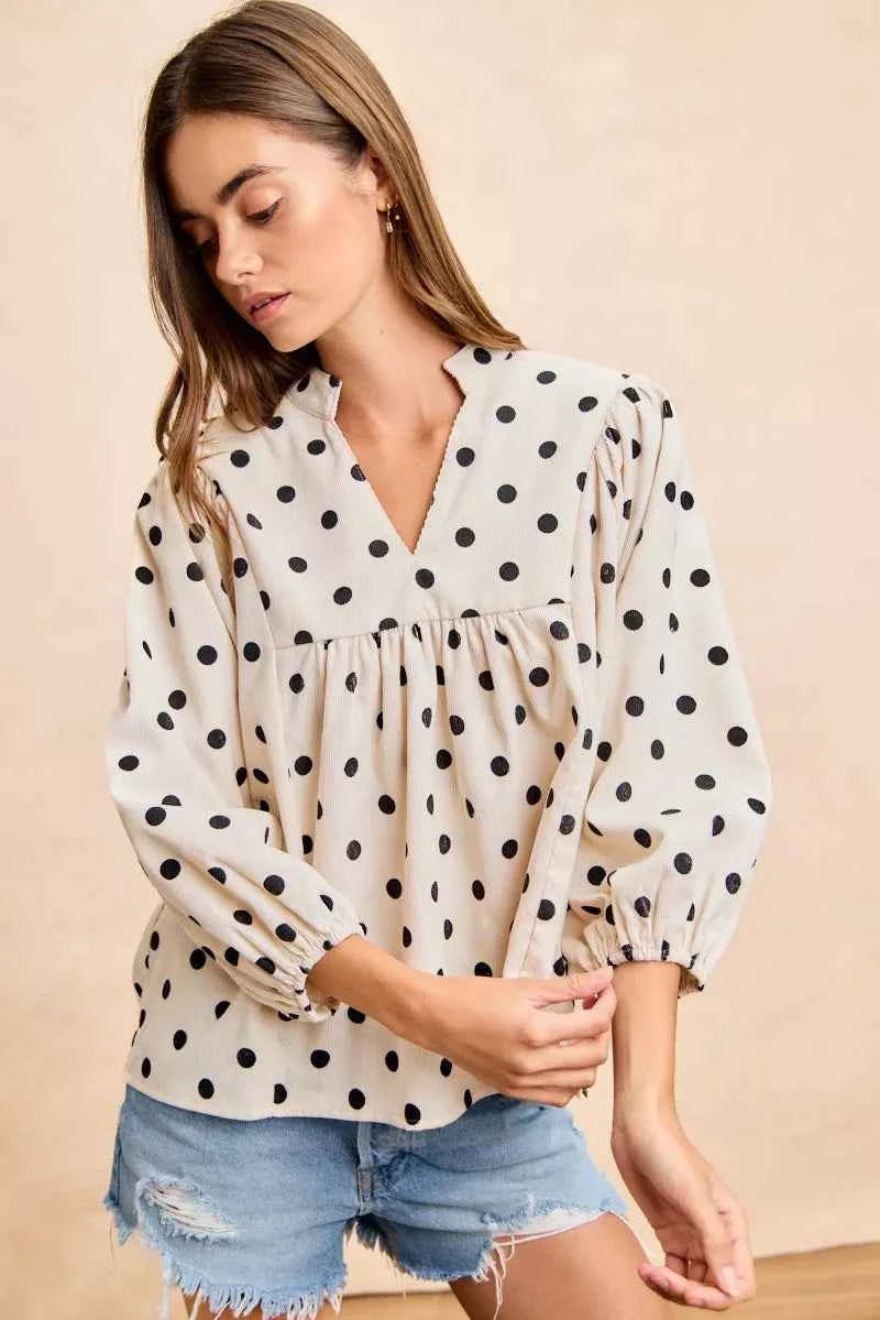 BiBi Polka Dot Corduroy Quarter Sleeves V Neck Blouse