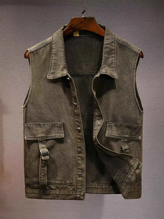 Men's Plus Size Vintage Washed Denim Vest with Pockets