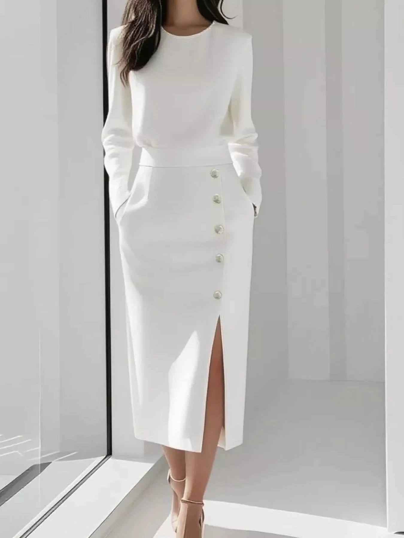 Long Sleeve Button Detail Midi Dress with Side Slit
