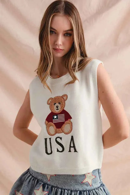 SO ME Teddy Bear Wearing An American Flag With Usa Embroidered Sweater Vest
