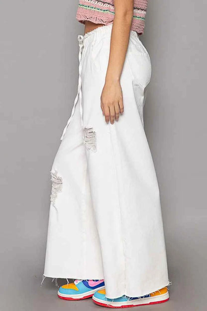 POL Distressed Drawstring Slit Wide leg Pants