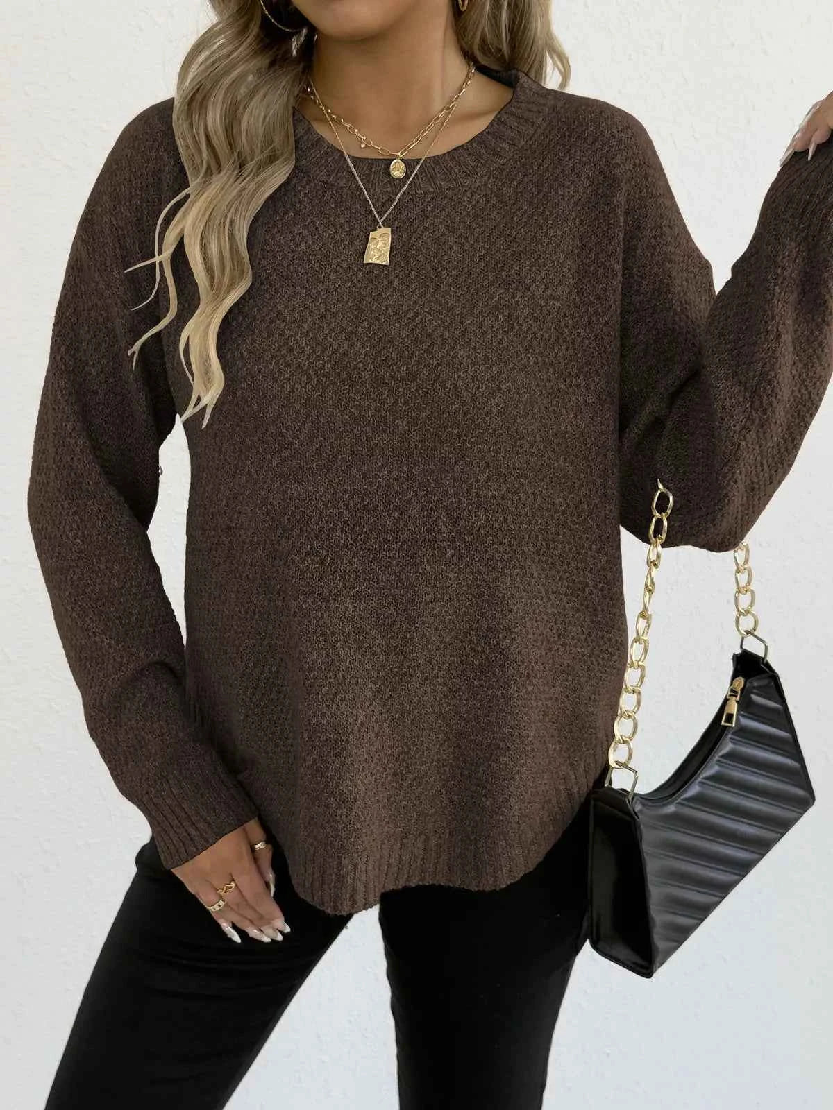Textured Knit Relaxed Fit Round Neck Sweater