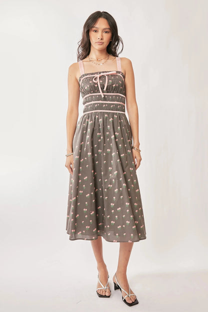 Davi & Dani Contrast Velvet Tape Smocking Bodice Midi Dress