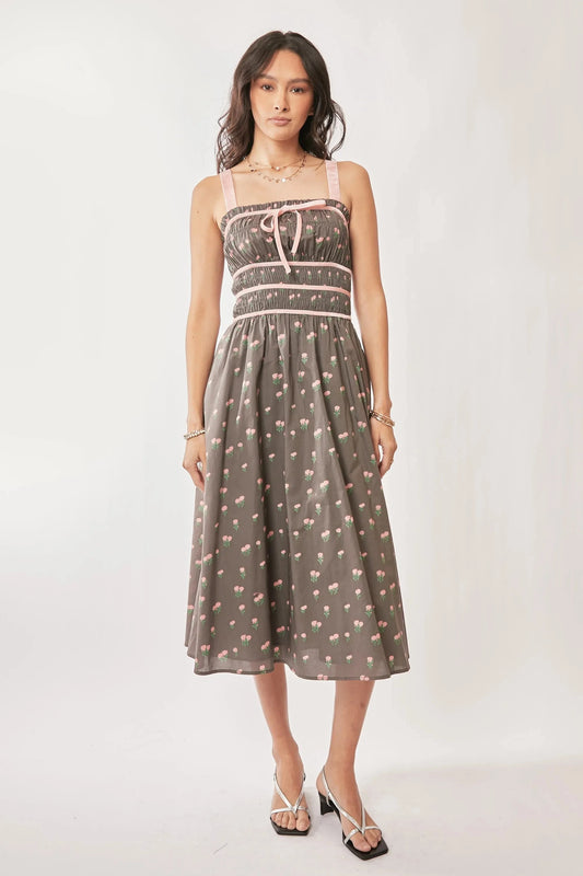 Davi & Dani Contrast Velvet Tape Smocking Bodice Midi Dress