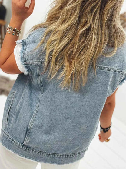 Button Flap Pocket Frayed Detail Denim Vest