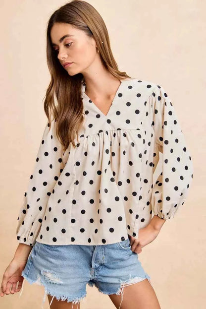 BiBi Polka Dot Corduroy Quarter Sleeves V Neck Blouse