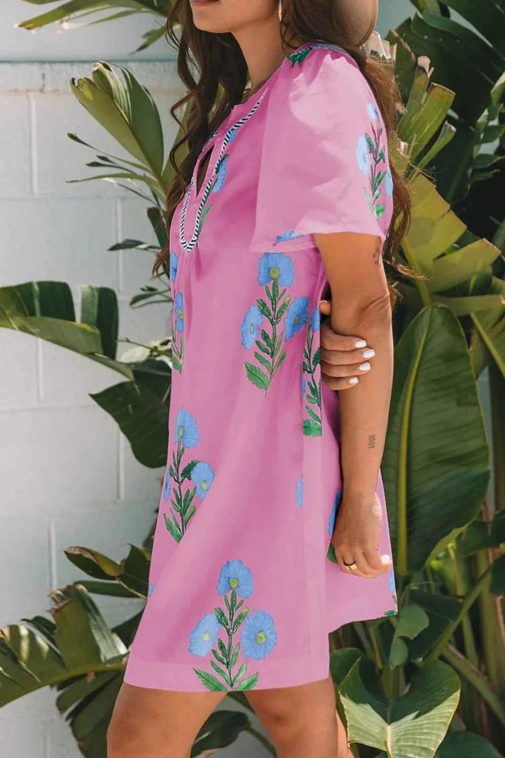 Floral Notched Summer Mini Dress with Striped Trim