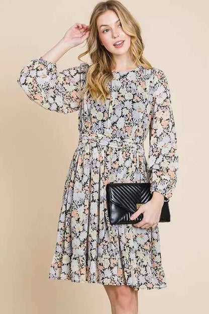 Lime 'N' Chili Chiffon Floral Print Belted Dress with Back Zipper