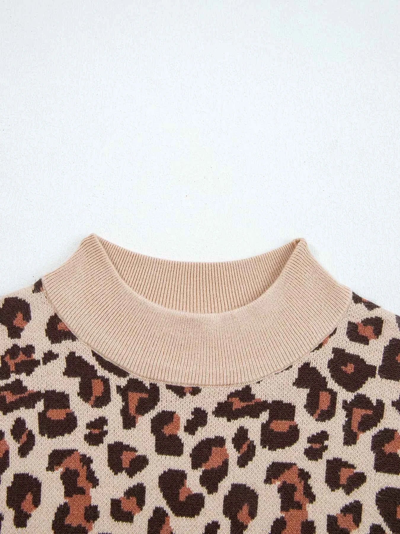 Leopard Print High Neck Shift Mini Sweater Dress