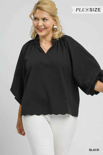 Umgee Full Size Textured Notched Balloon Sleeve Blouse Plus Size