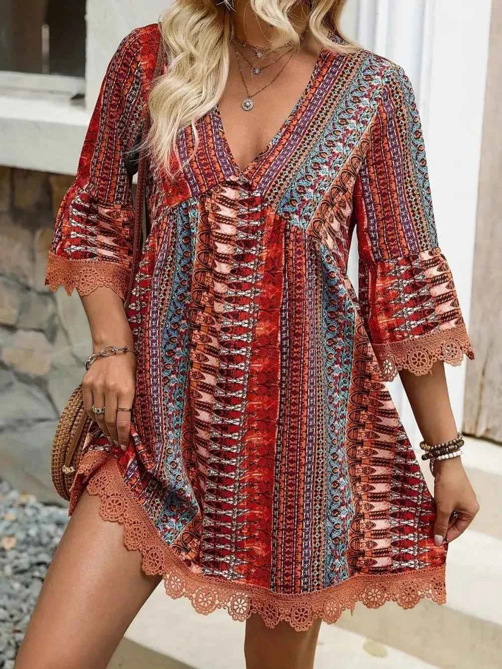 Lace Trim Printed V-Neck 3/4 Sleeve Dress