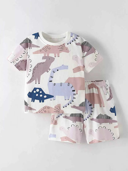 Children's Dinosaur Print Round Neck Top and Shorts Set