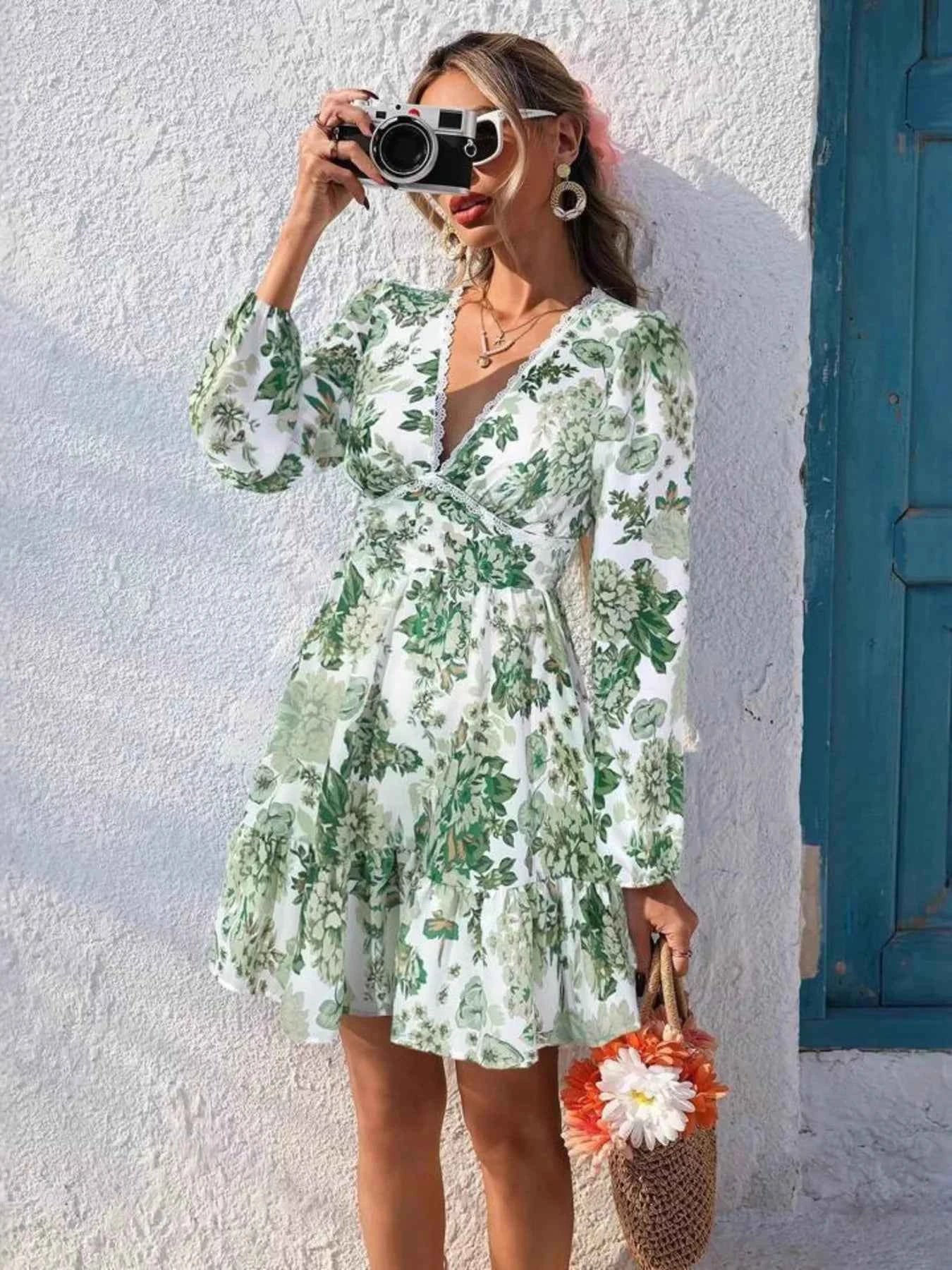Full Size Floral Print V-Neck Long Sleeve Ruffle Hem Mini Dress Plus Size