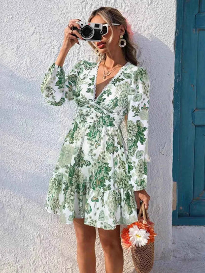Full Size Floral Print V-Neck Long Sleeve Ruffle Hem Mini Dress Plus Size