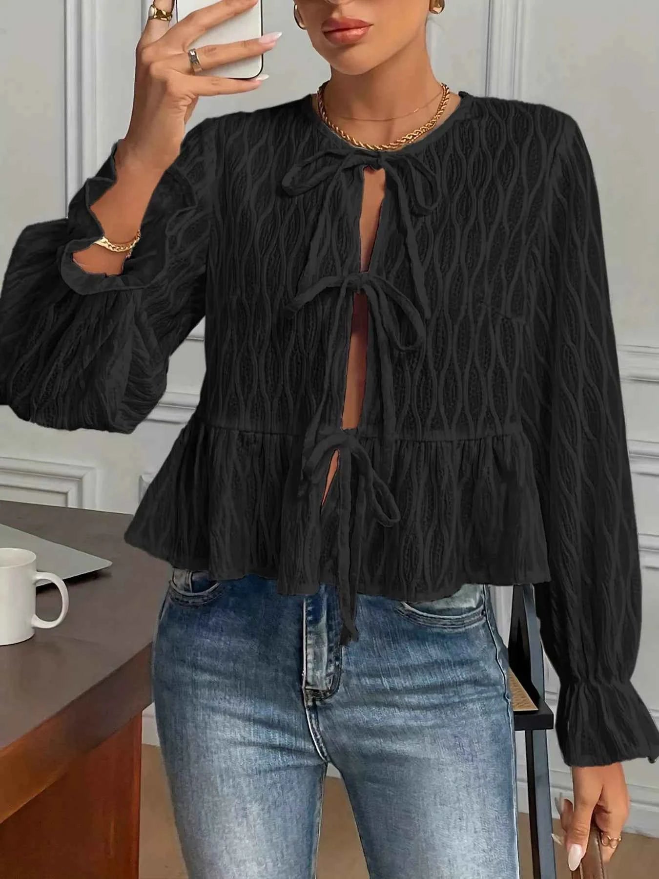Tie Front Flounce Sleeve Blouse