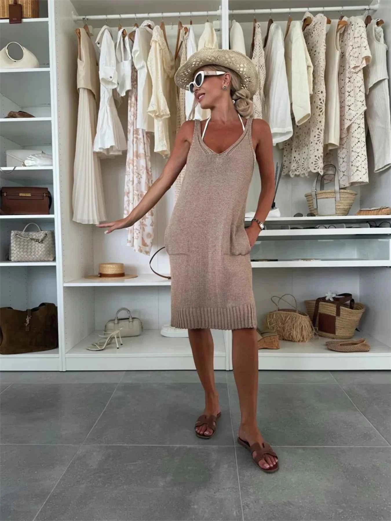 Ribbed Hem V-Neck Sweater Dress