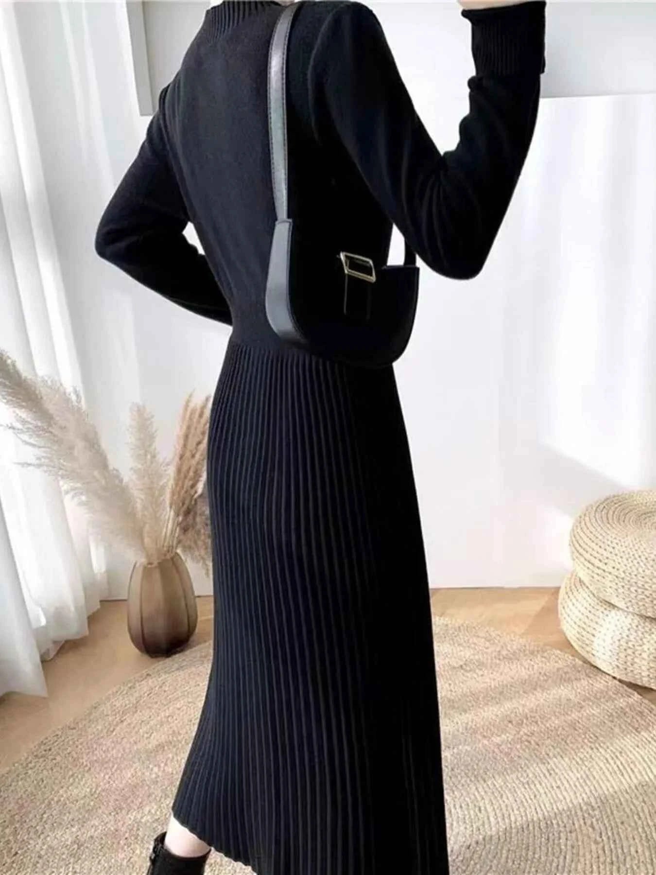 Slit Front Mock Neck Long Sleeve Knit Dress