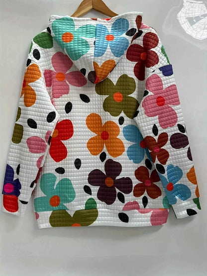 Floral Print Textured Drawstring Hoodie