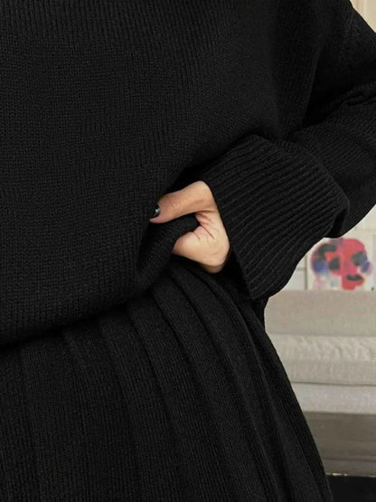 Round Neck Top and Pleated Skirt Sweater Set