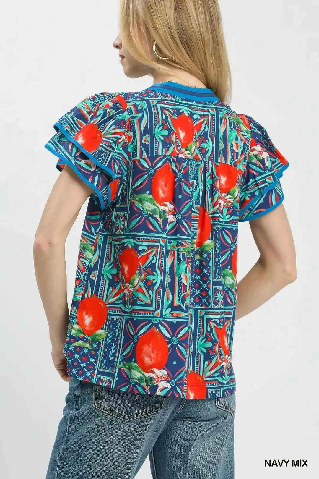 Umgee Abstract Print Flutter Sleeve Blouse