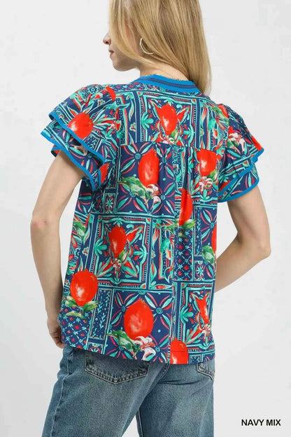 Umgee Abstract Print Flutter Sleeve Blouse