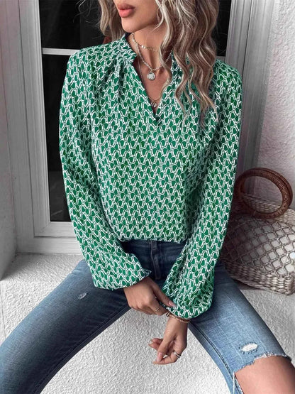 Printed Notched Long Sleeve Blouse