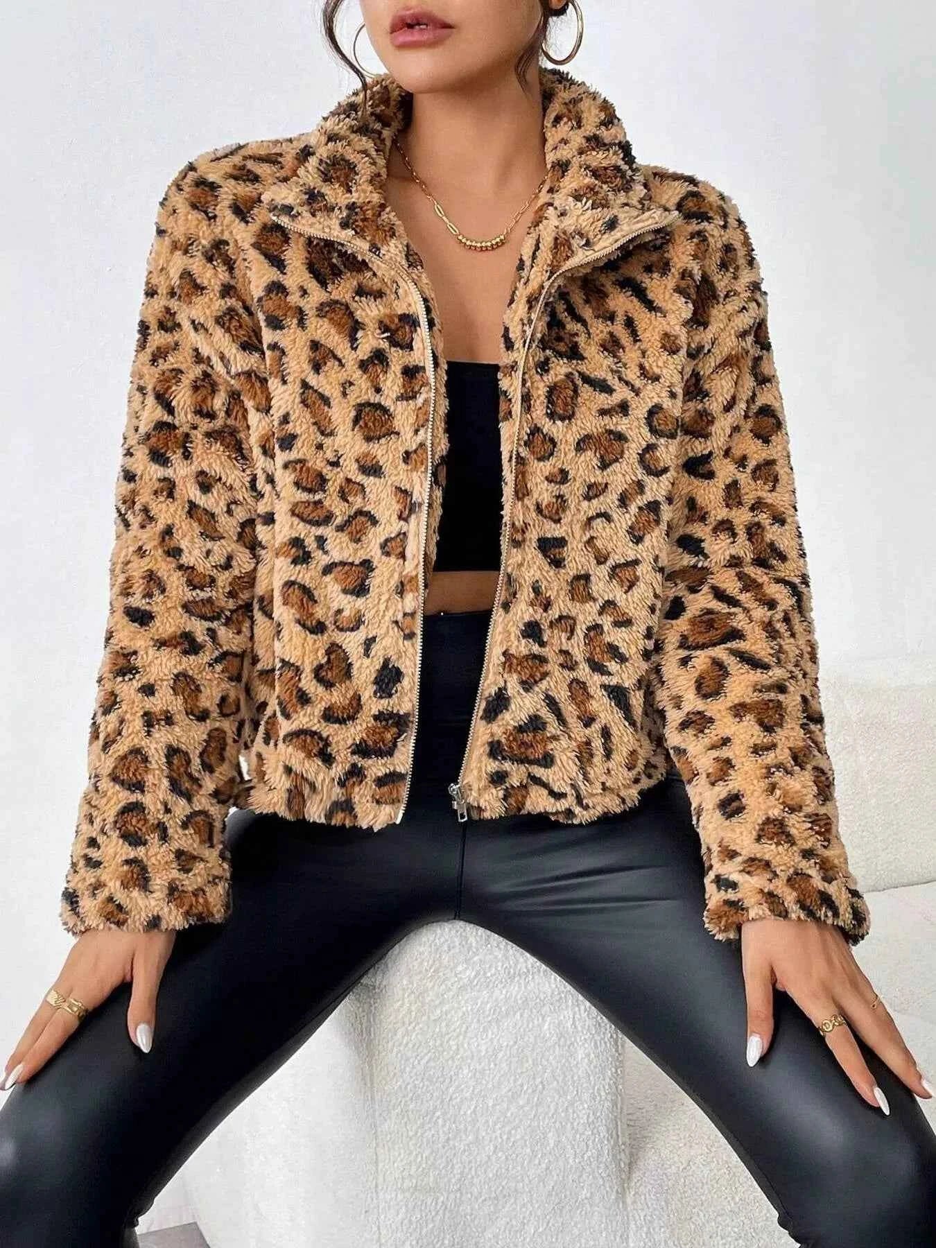 Leopard Fuzzy Zip-Up Jacket