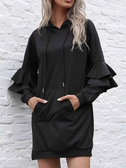 Ruffled Drawstring Long Sleeve Hooded Dress