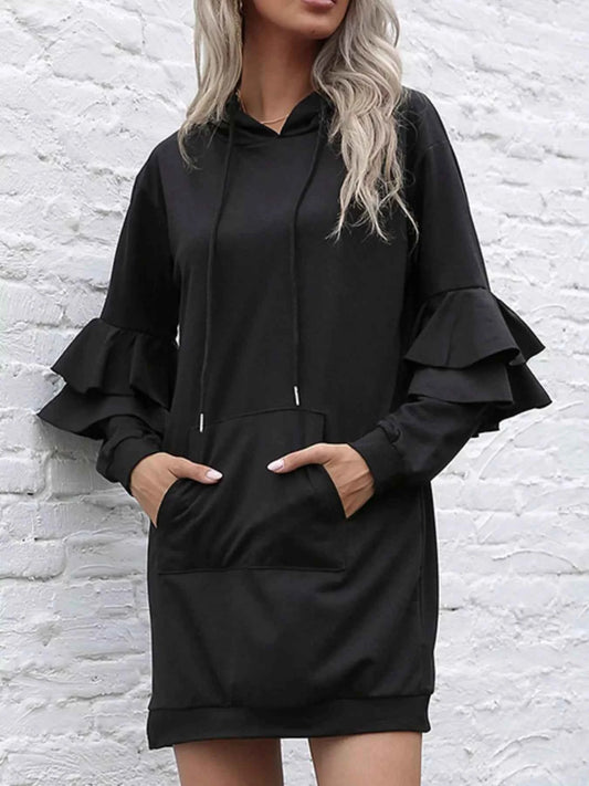 Ruffled Drawstring Long Sleeve Hooded Dress