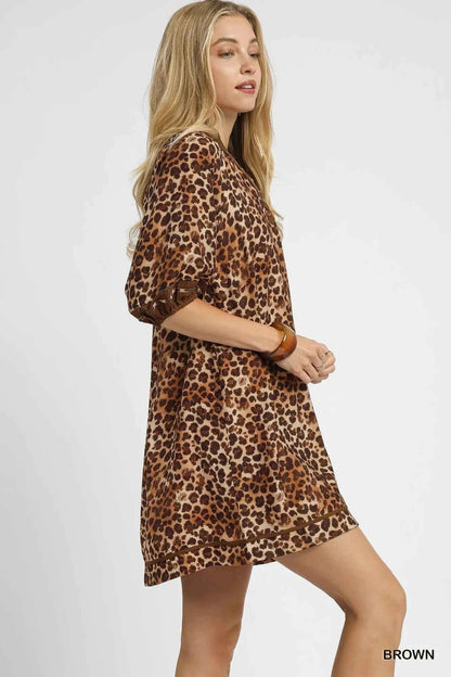 Umgee Full Size Leopard Print Mini Dress with Contrast Trim Plus Size