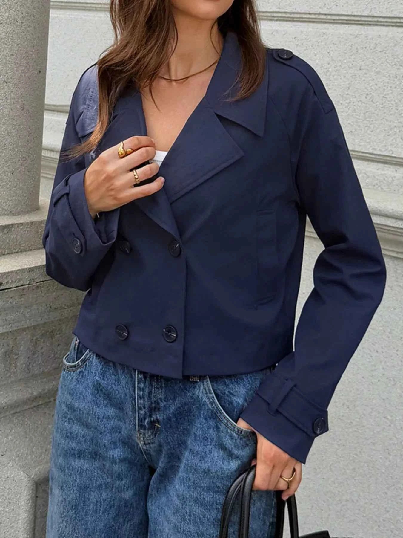 Cropped Double-Breasted Raglan Sleeve Jacket