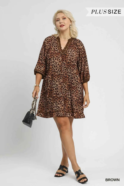 Umgee Full Size Leopard Print Mini Dress with Contrast Trim Plus Size
