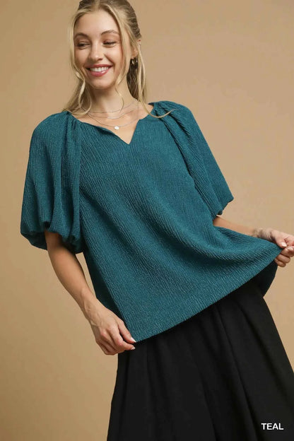 Umgee Textured Flutter Sleeve Notch Neck Top