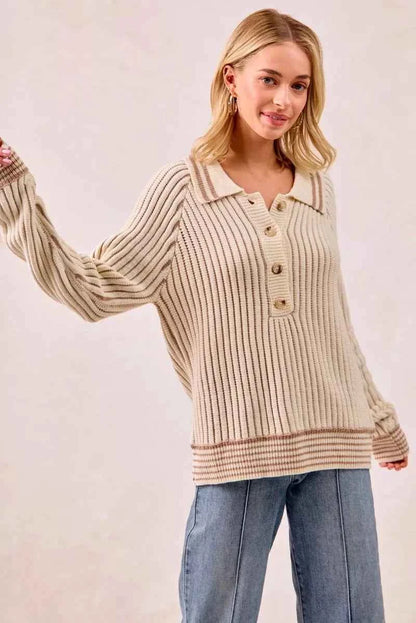 BiBi Half Button Ribbed Two Tone Sweater