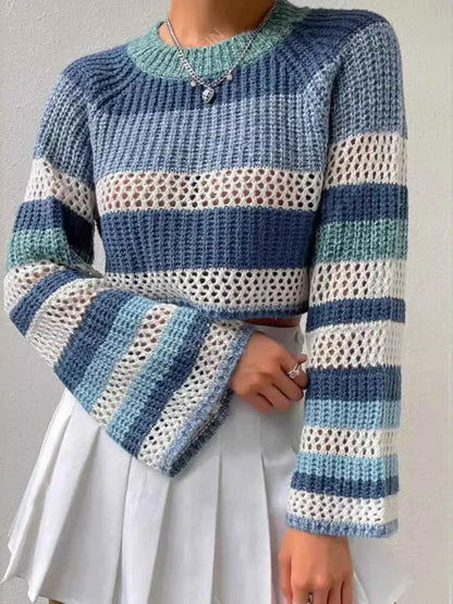 Openwork Striped Color Block Crop Sweater
