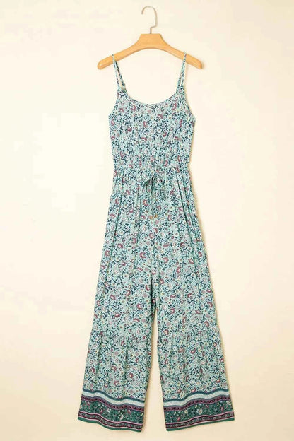 Bohemian Floral Ruffle Bottom Spaghetti Strap Jumpsuit