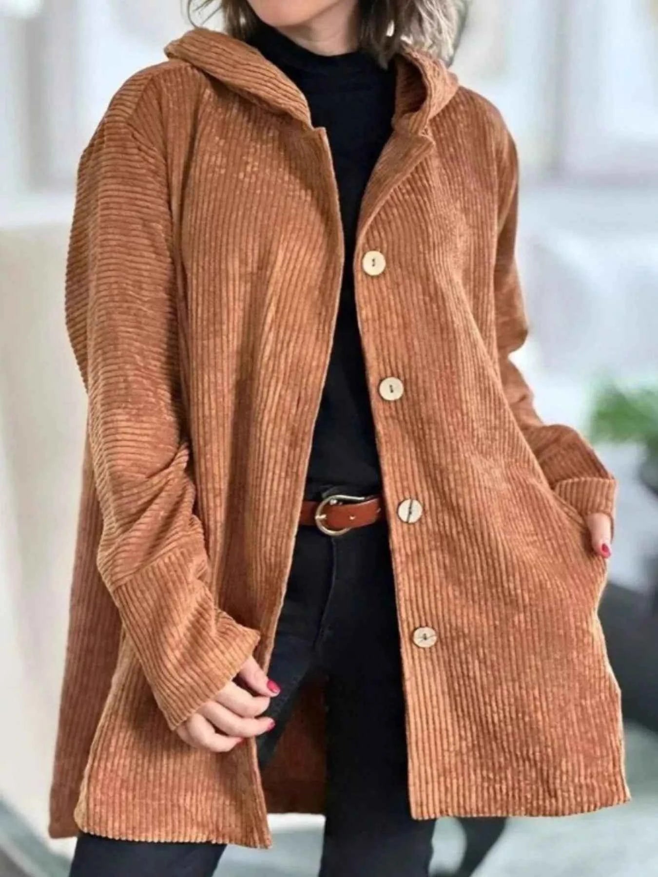 Full Size Corduroy Hooded Button-Up Jacket Plus Size