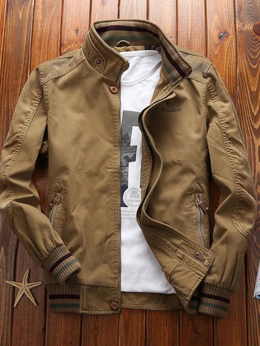 Men's Full Size Bomber Jacket with Ribbed Cuffs and Collar Plus Size
