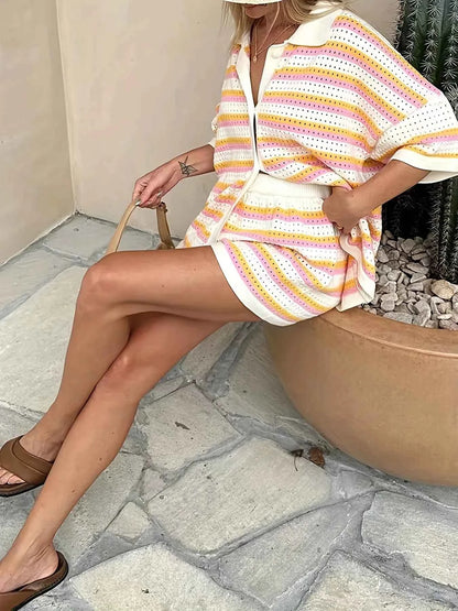 Colorful Striped Button Up Top and Shorts Sweater Set