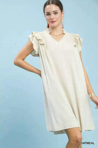Umgee Linen Flutter Sleeve Shift Dress with Pockets