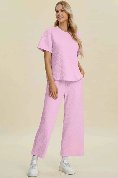 Double Take Full Size Texture Round Neck Short Sleeve Top and Pants Set