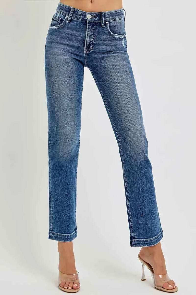 RISEN Full Size Tummy Control Elastic Band Mid Rise Straight Jeans Plus Size