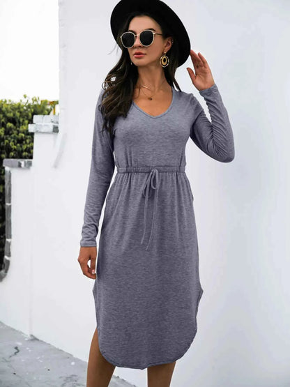 Drawstring Waist Long Sleeve Casual Dress