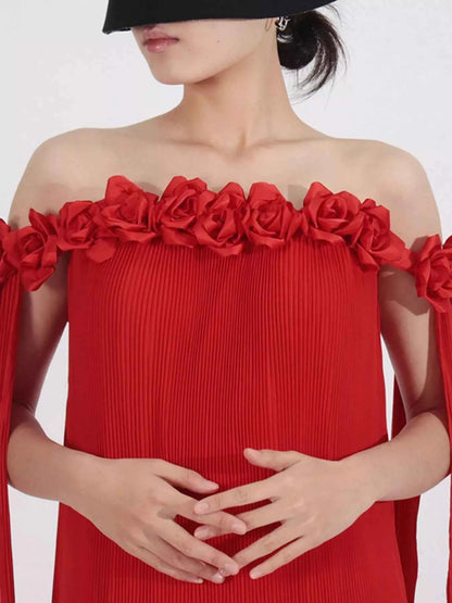 Off-Shoulder Floral Pleated Maxi Dress