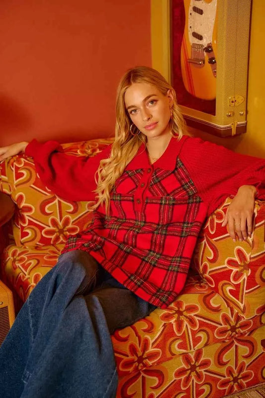 BiBi Plaid Buttoned Collared Top with Sweater Sleeve