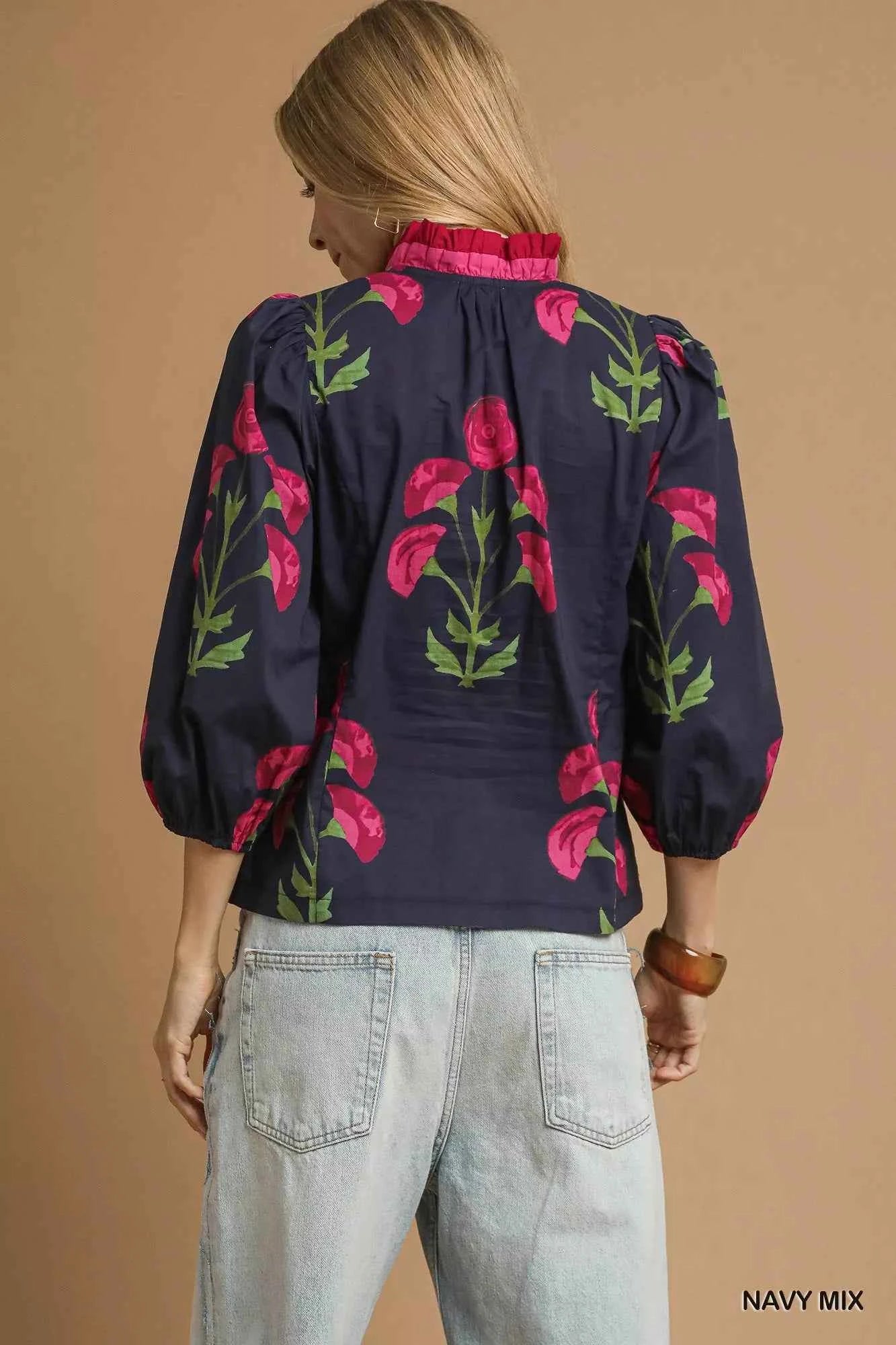 Umgee Floral Print Ruffle Trim Puff Sleeve Blouse